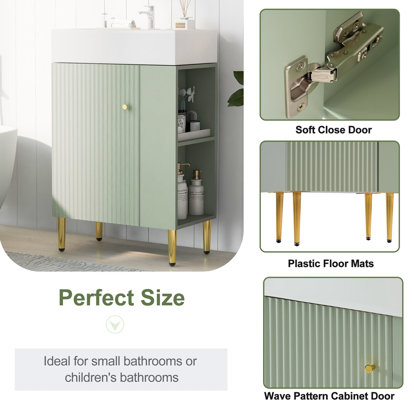 21.6" Green Bathroom vanity, Combo Cabinet, Bathroom Storage Cabinet, Single Ceramic Sink, Right side storage