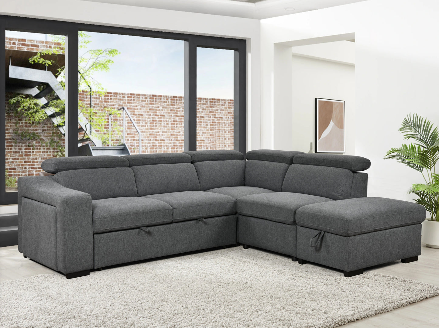 105"L-Shape Sectional Sofa with Pull-Out Bed and Ottoman Storage Space, Convertible Sleeper Couch, Arm with 1 Cup Holders and Wirelessly Charged, for Living Room, Apartment, Dark Gray