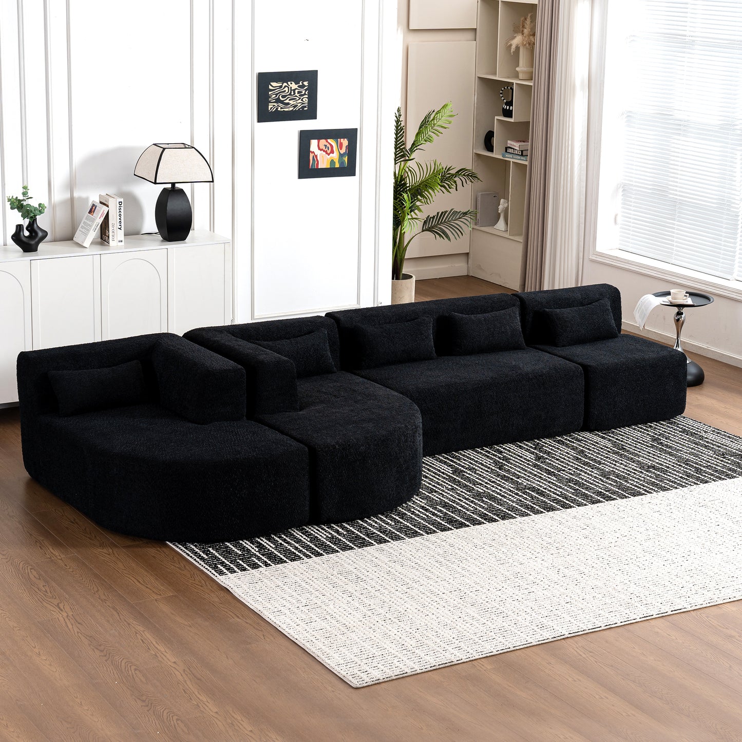 143.7" Upholstered Sofa Free-combined Sofa Couch with Two Chaise Lounge and Five Back Pillows for Living Room, Black