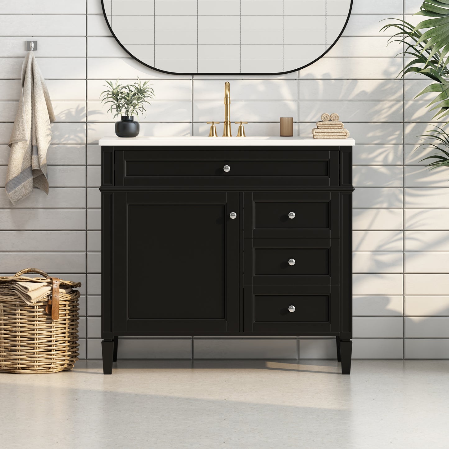 36'' Bathroom Vanity with Top Sink, Modern Bathroom Storage Cabinet with 2 Drawers and a Tip-out Drawer, Single Sink Bathroom Vanity