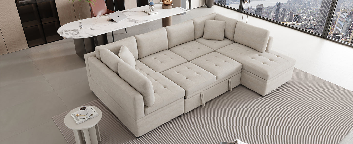 117.3" Oversized Sectional Sofa U- shaped Sofa Couch Pull-out Sofa Bed with Two Throw Pillows for Living Room, Beige