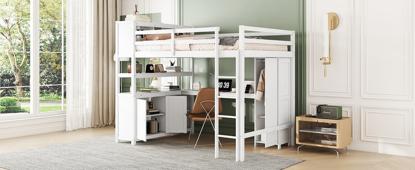 Wood Loft Bed with Cabinet and Bookshelf, Full Size Loft with Wardrobe and Desk for Kids,White (Expect Arrival Date 2024/8/25)