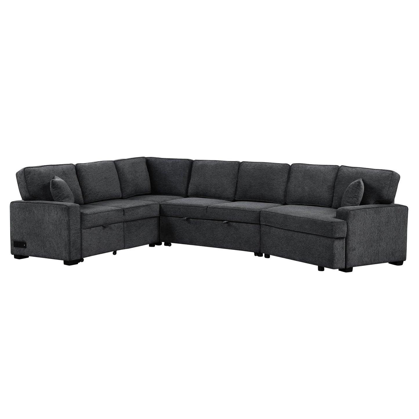 126" L-shaped Sofa Sectional Sofa Couch Pull-out Sofa Bed with Charging Devices and Cup Holders for Living Room, Blue Black