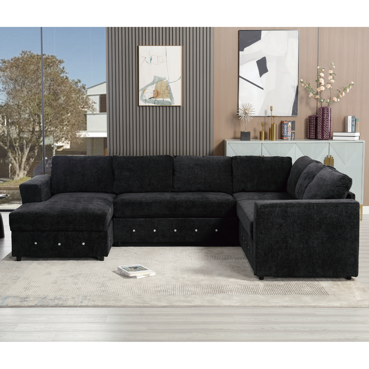 [NEW ARRIVED] [VIDEO PROVIDED]110.75" Sectional Sofa,Oversized modular sofa,Chaise Storage, Modern U Shaped  Couch , Upholstered Sofas,Chenille,Crystal button , Living Room, Apartment, Black