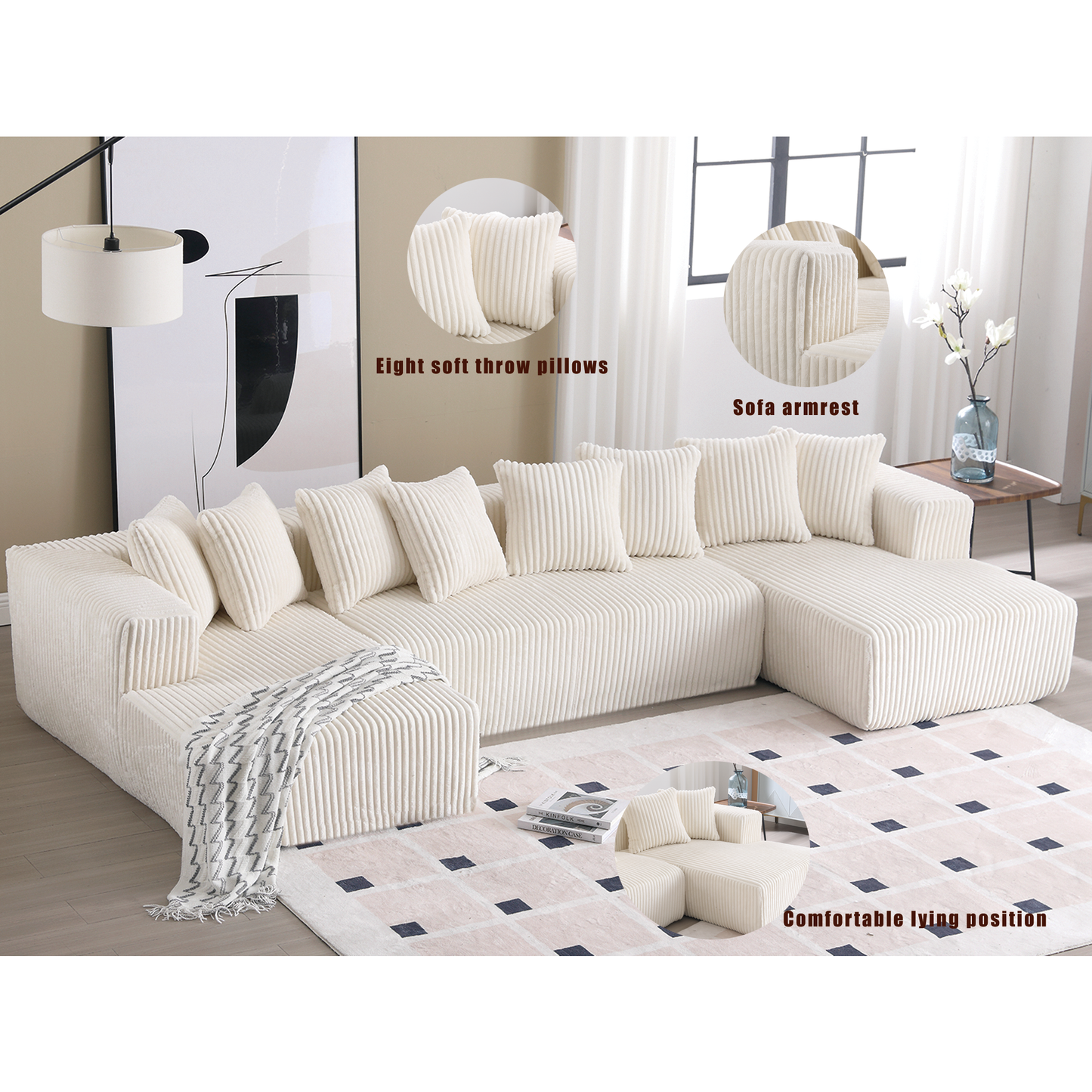 [NEW ARRIVED] [VIDEO PROVIDED]131'' Modular Sectional Couch, U-shaped sofa , Chaise Lounge, Striped fabric,Upholstered 4 Seater Couch for Living Room, Bedroom, Free Combination Sofa (Corduroy),White