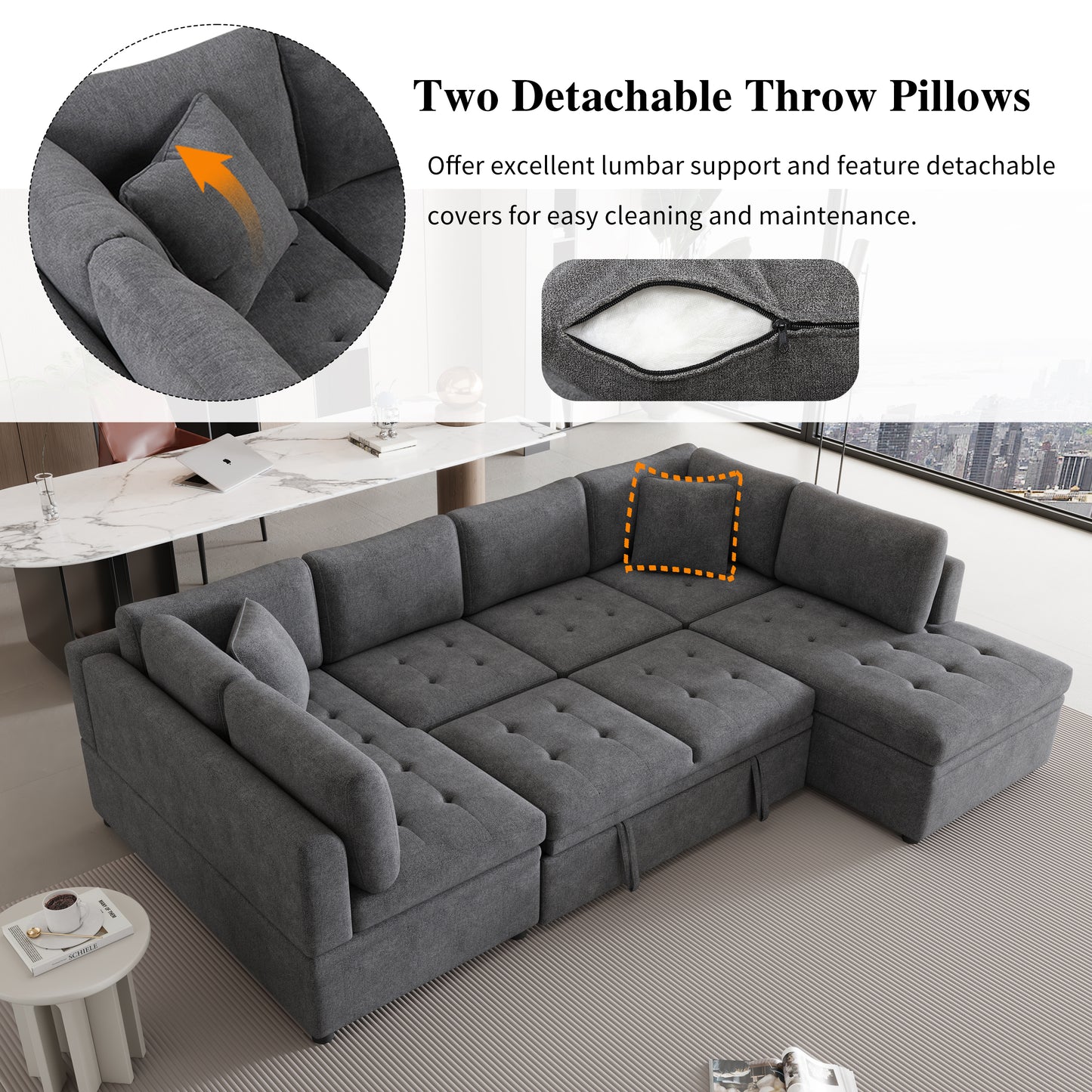 117.3" Oversized Sectional Sofa U- shaped Sofa Couch Pull-out Sofa Bed with Two Throw Pillows for Living Room, Gray