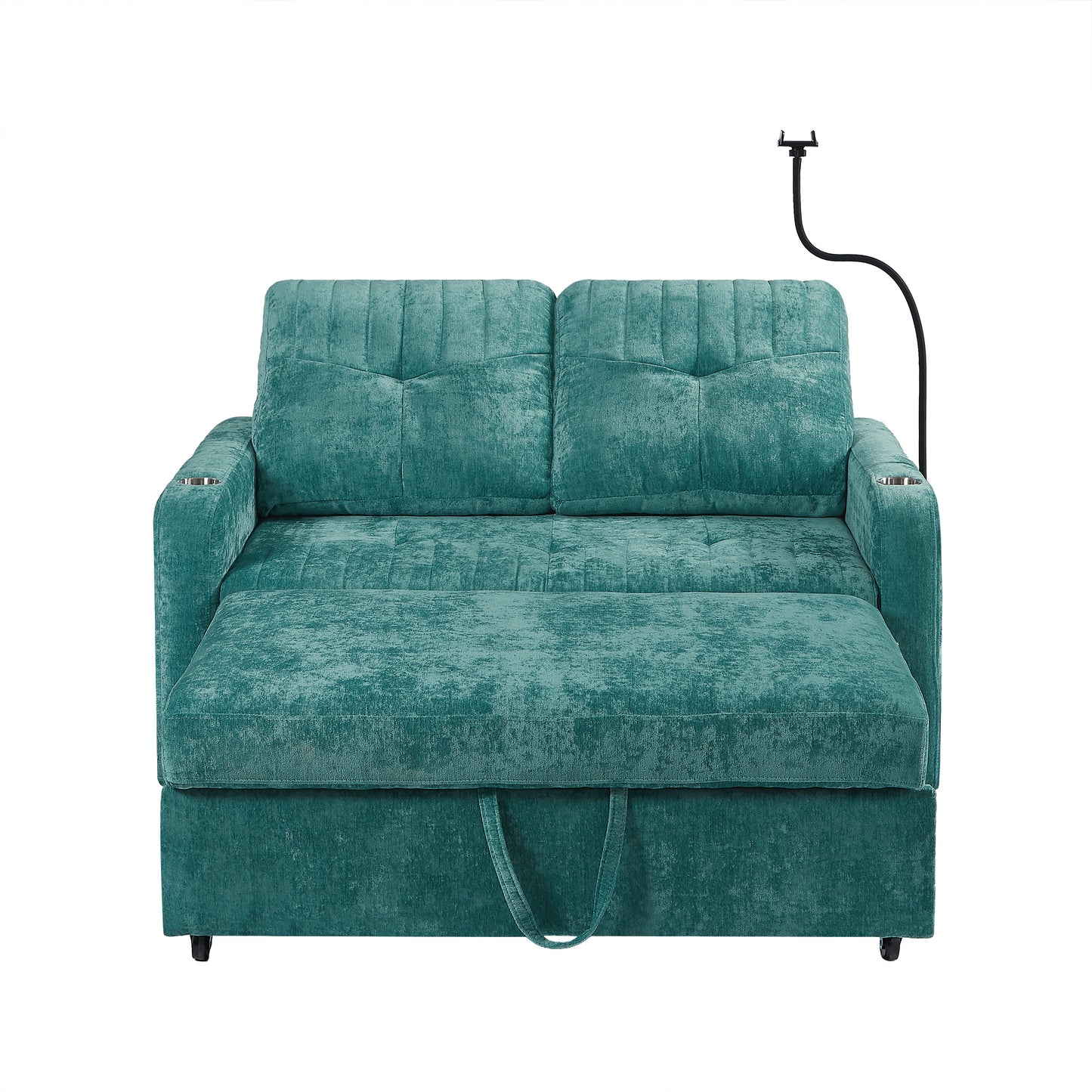 53.9" Modern Loveseat Pull-out Sofa Bed with Adjustable Backrest, Two Cup Holders , a Phone Holder, Three Charging Ports and Side Storage Pockets for Living Room, Teal