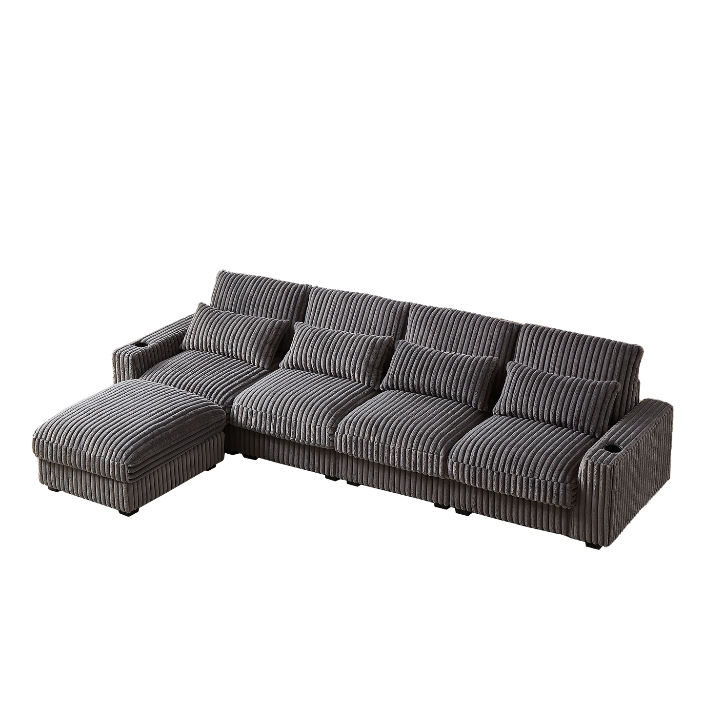 126-inch Corduroy With Cup Holder Super Large L-Shaped Sofa, Movable Footrest, Four Waist Pillows And Four Back Cushion, With USB Port And Type-C Port