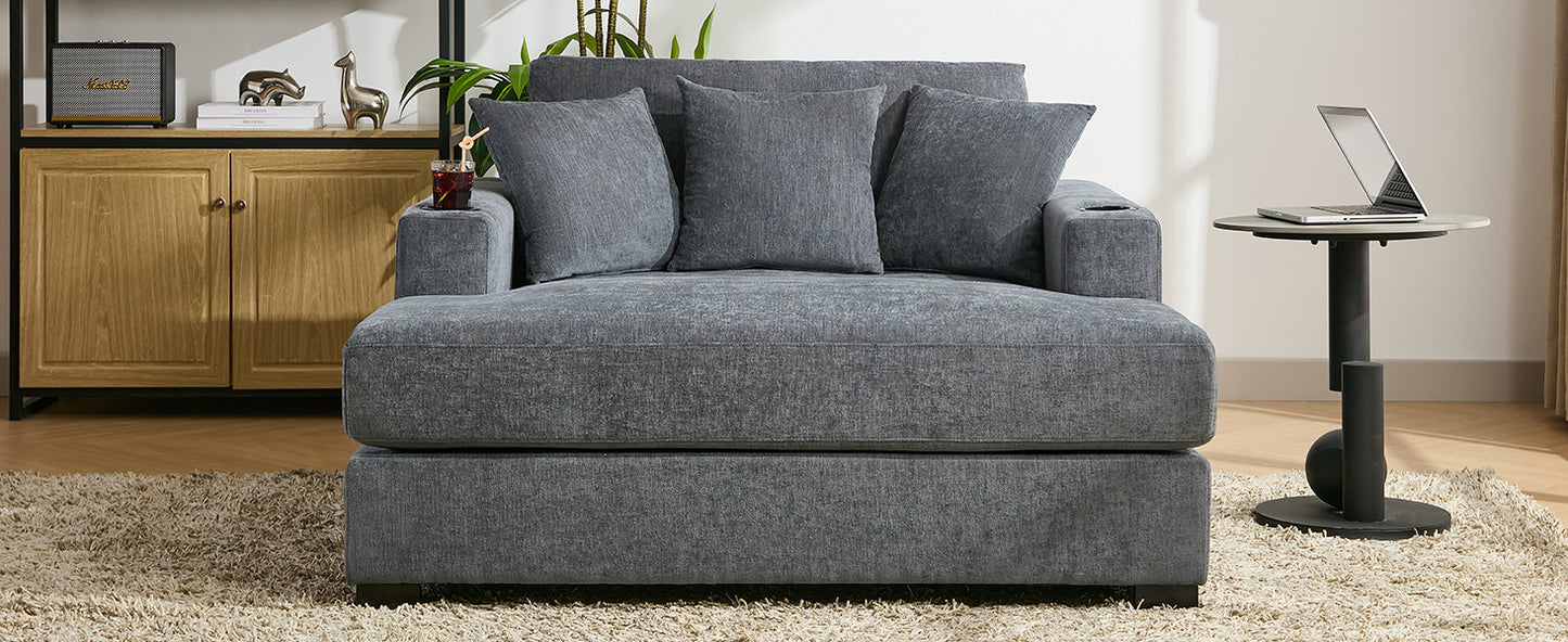 55" Oversized Chaise Lounger Modern Style Sofa Couch ,with Pillows, Charge Station & Cup Holders, Chenille Fabric, Blue Gray