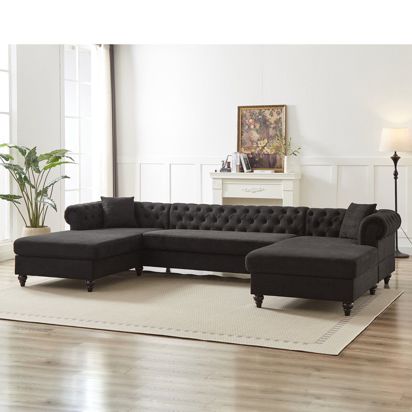 135.5-inch Modern Style Chenille Three Piece Sofa, Pull Point Design U-shaped Sofa two Chaise Longue Seats, two Pillows and Wooden feet, Suitable for Living room, Bedroom, Lounge and Projection Room