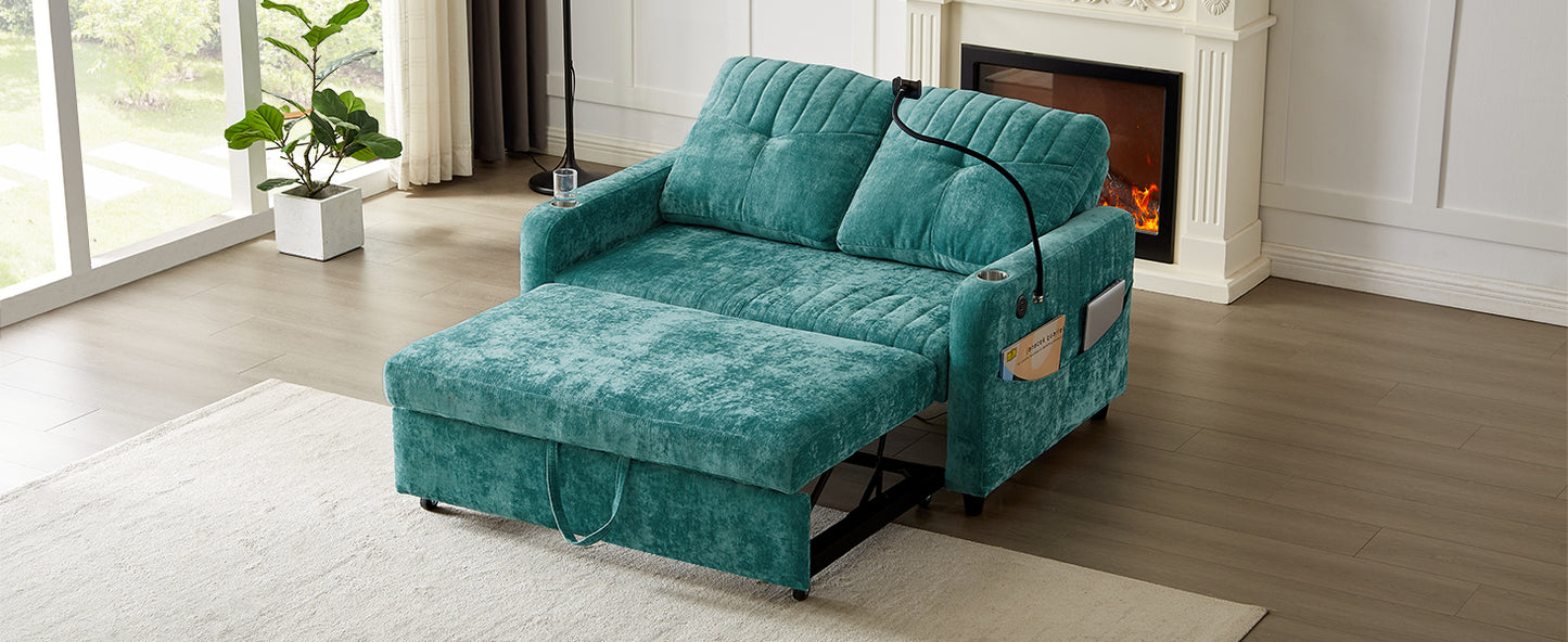 53.9" Modern Loveseat Pull-out Sofa Bed with Adjustable Backrest, Two Cup Holders , a Phone Holder, Three Charging Ports and Side Storage Pockets for Living Room, Teal