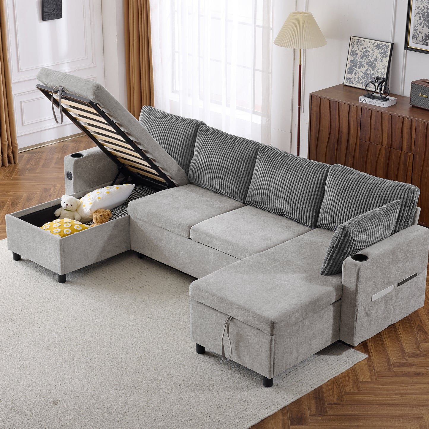 111.8" Sectional Sofa Pull-out Sofa Bed Versatile Sofa Sleeper with Large Storage Space, Two USB Ports and Two Cup Holders for Living Room, Grey