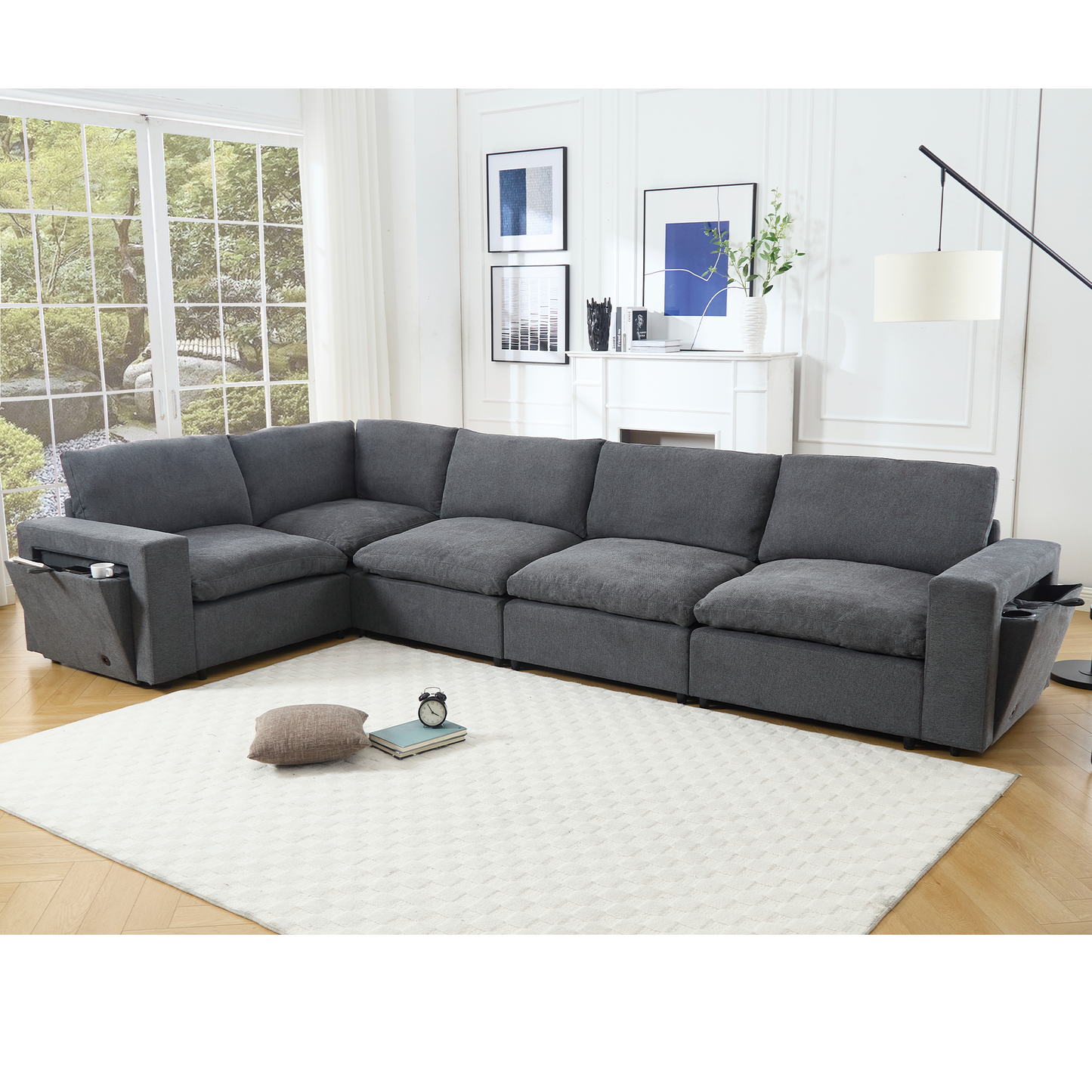 [NEW ARRIVED] [VIDEO PROVIDED]Sectional Couches For Living Room,Modular Couch,Wireless Charging Port & Cup Holders,5-seat ,DIY Combination,L-shaped Sofa,Book Storage Space,Soft Linen Fabric,Gray