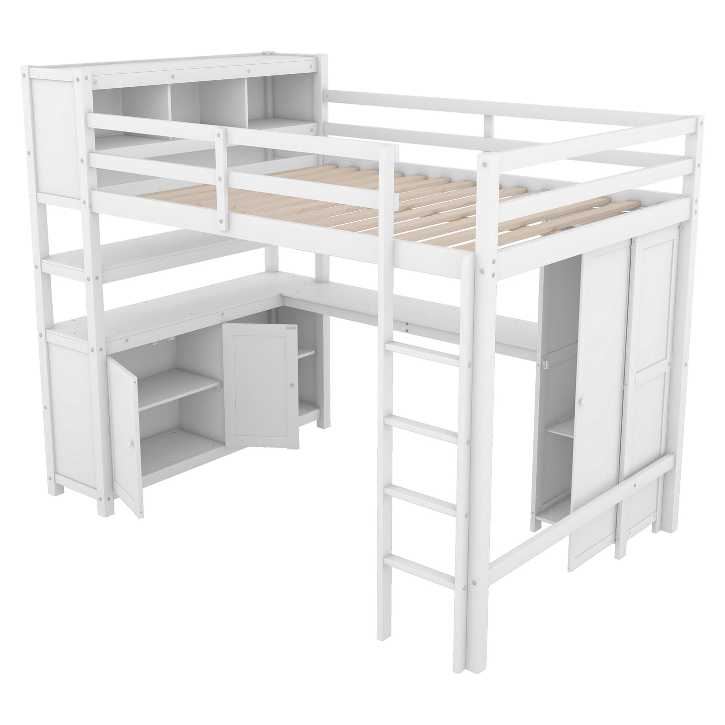 Wood Loft Bed with Cabinet and Bookshelf, Full Size Loft with Wardrobe and Desk for Kids,White (Expect Arrival Date 2024/8/25)