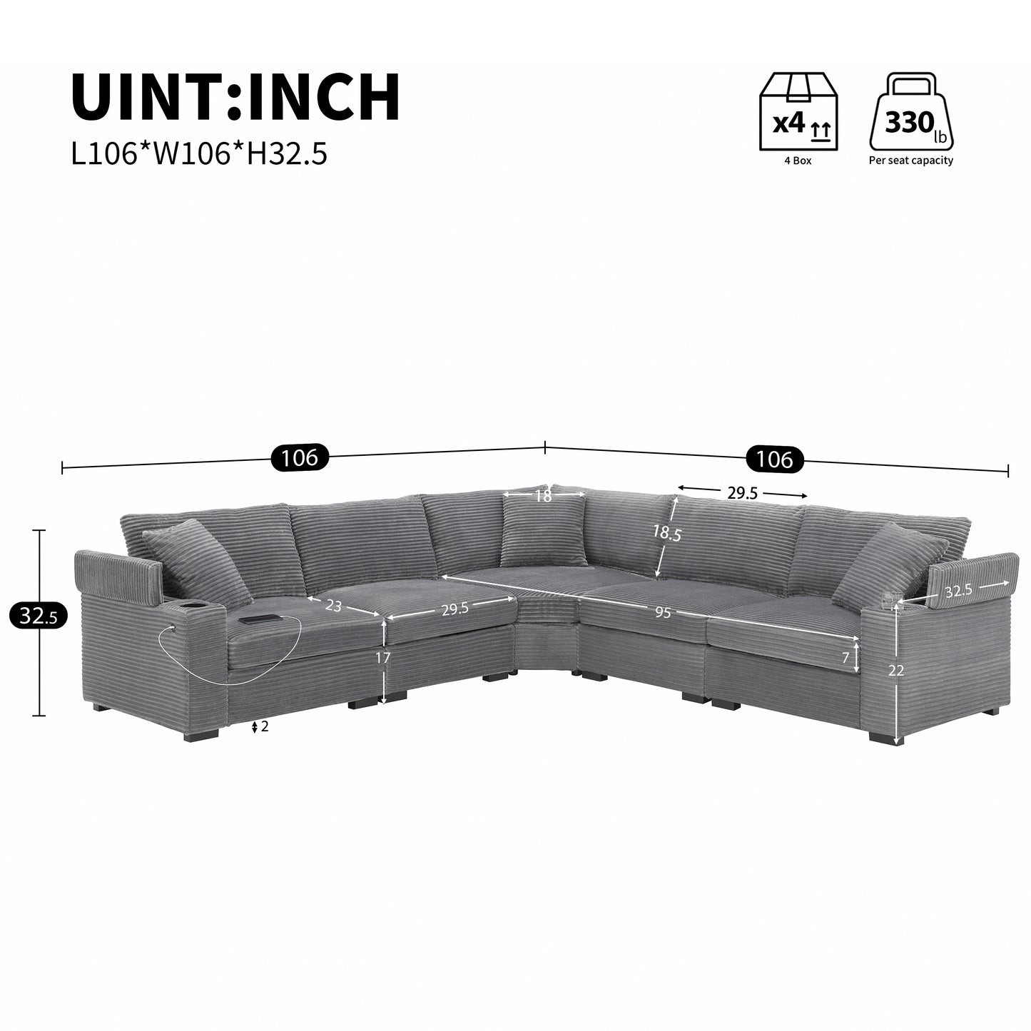 [Video]106" Convertible L Shaped Sectional Sofa,Corduroy Corner Couch with Armrest Storage,Cup Holders,USB Charger,Irregular Corner,Oversized Comfy Modular Sofa for Living Room,Apartment,2 Colors