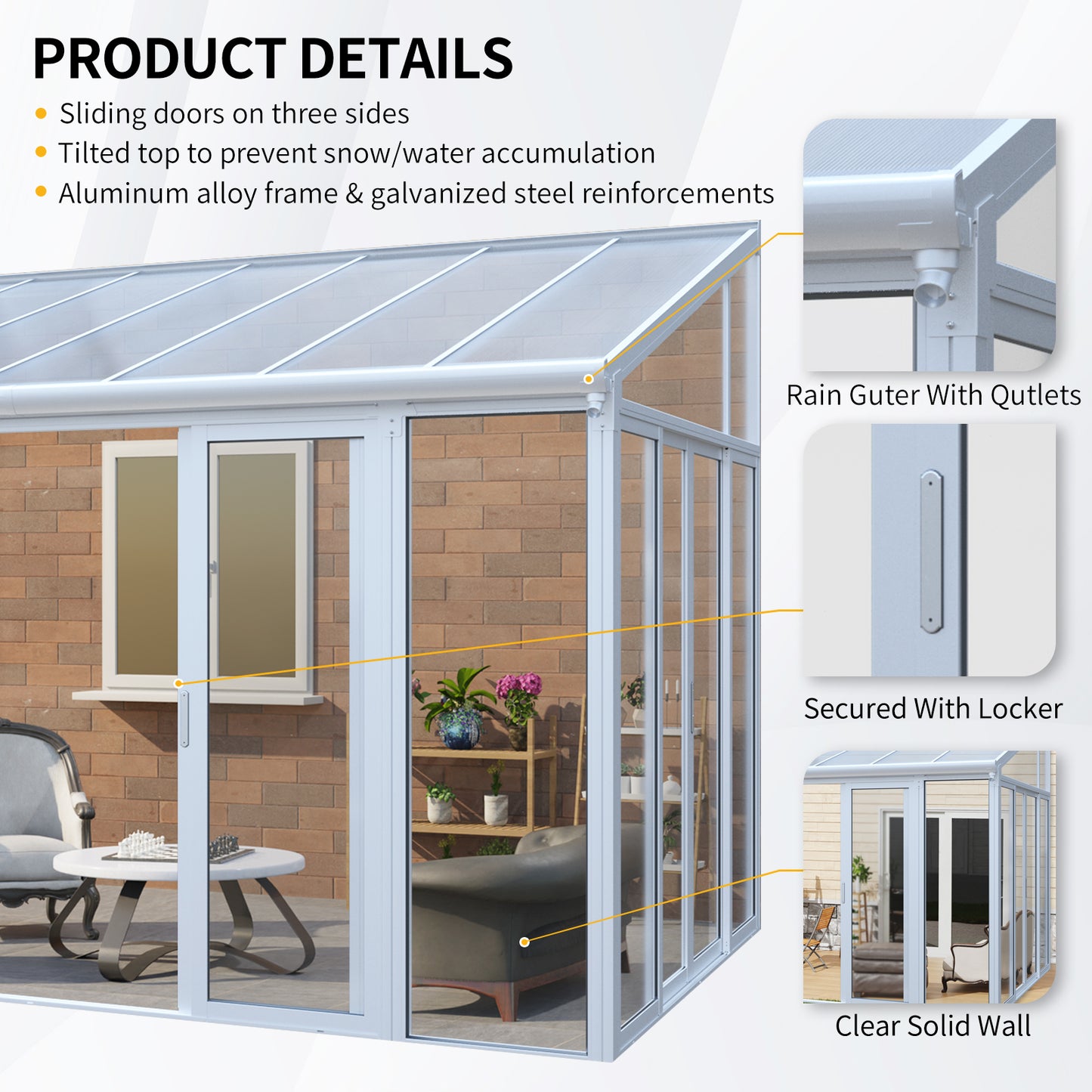 10×14 ft Enclosed Patio Cover with 3 Lockable Sliding Doors, All Season Sunroom with aluminum alloy frame ,Polycarbonate Roof and transparent solid PC endurance panel wall system for Garden Patio Deck