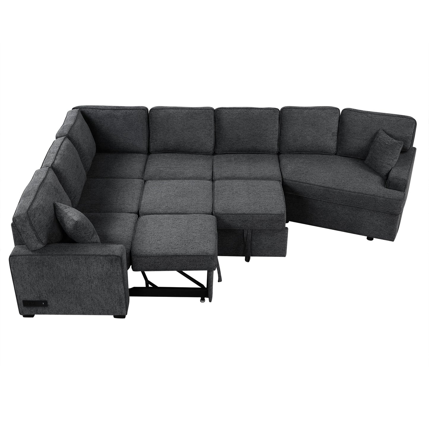 126" L-shaped Sofa Sectional Sofa Couch Pull-out Sofa Bed with Charging Devices and Cup Holders for Living Room, Blue Black