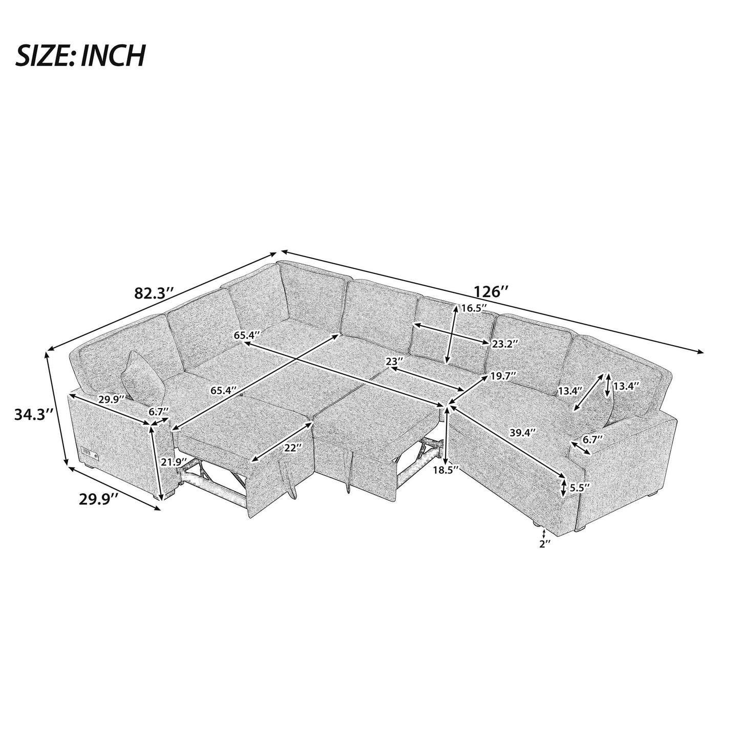 126" L-shaped Sofa Sectional Sofa Couch Pull-out Sofa Bed with Charging Devices and Cup Holders for Living Room, Blue Black