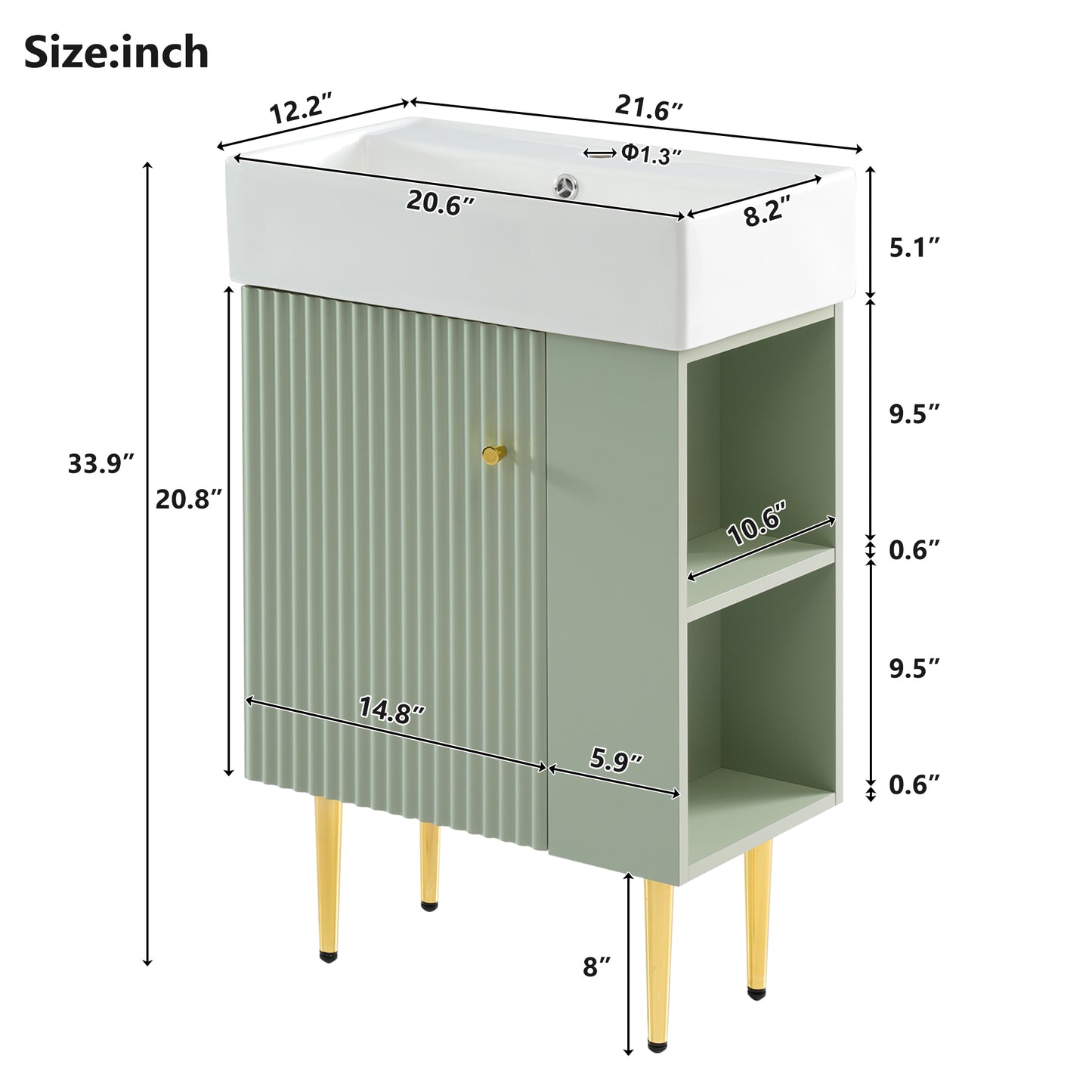 21.6" Green Bathroom vanity, Combo Cabinet, Bathroom Storage Cabinet, Single Ceramic Sink, Right side storage