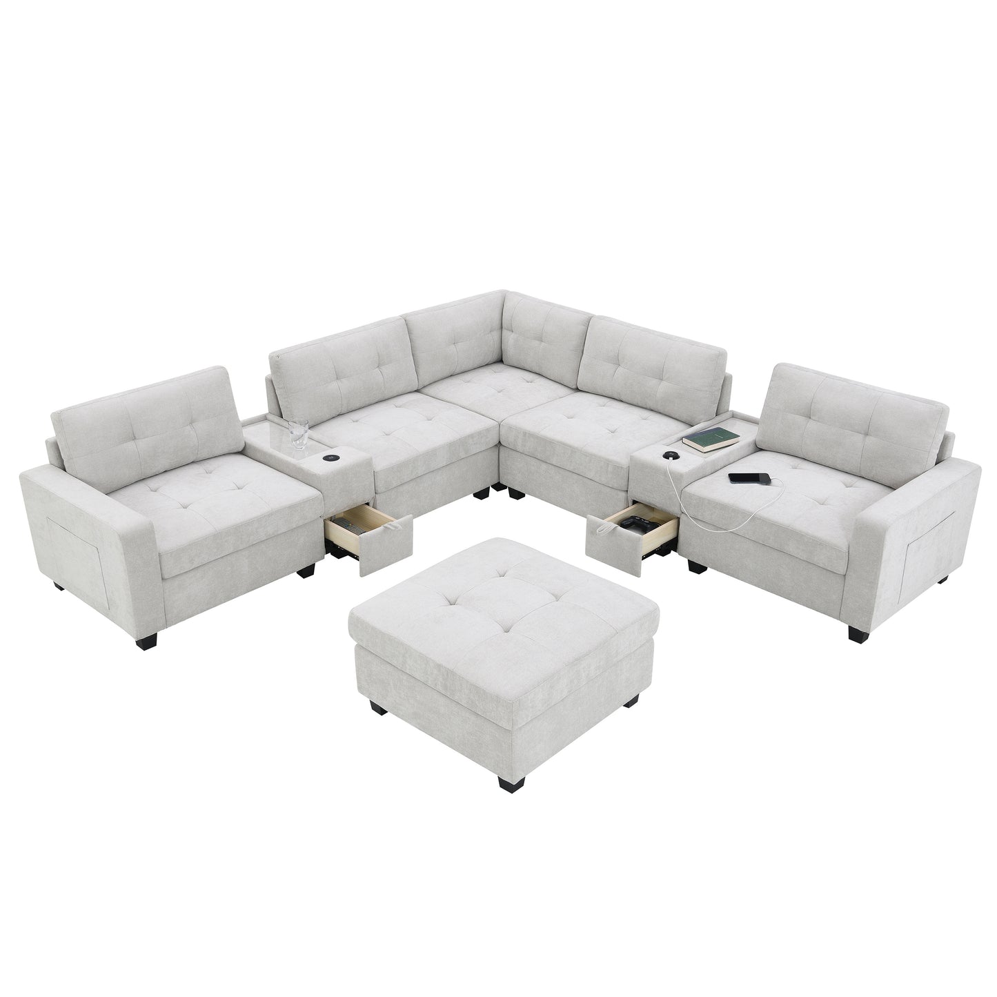 [Video]104'' Sectional Sofa with Acrylic Table Top,Chenille U Shaped Couch Set with 2 Consoles,USB Charger,Storage Drawers and Pockets,Movable Ottoman,Tufted Sofa for Living Room,Apartment,2 Colors