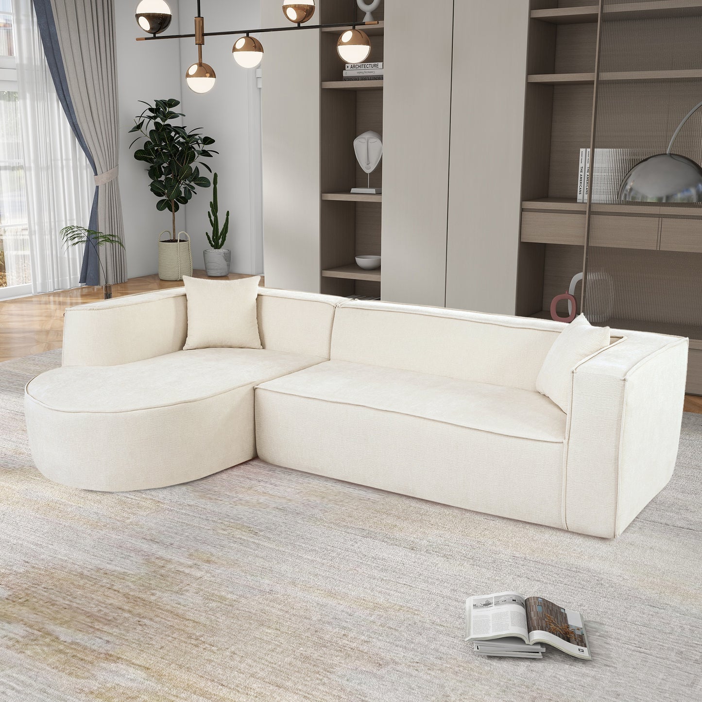 U_Style Modern Style Sectional Sofa,Sponge Sectional Sofa Couch,Modular L-Shape Sofa Couch with Elegant curved design and luxurious chenille fabric,two throw pillows,for Living Room, Study