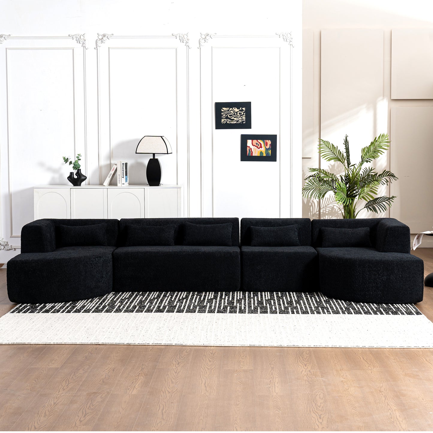 143.7" Upholstered Sofa Free-combined Sofa Couch with Two Chaise Lounge and Five Back Pillows for Living Room, Black