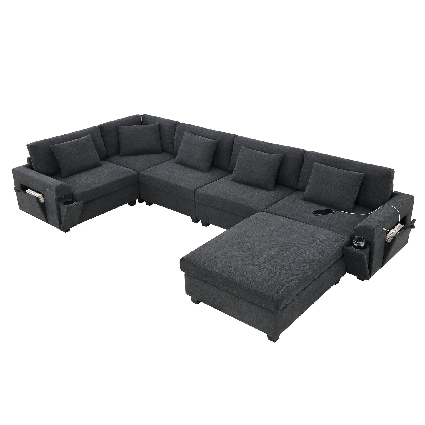 [New+Video]128*67" U Shaped Sectional Sofa,6 Seat Chenille Couch Set with Oversized Ottoman,Hidden Armrest Storage and Cup Holders,USB Charging Ports,Wide Seat Sofa for Living Room,Apartment,2 Colors