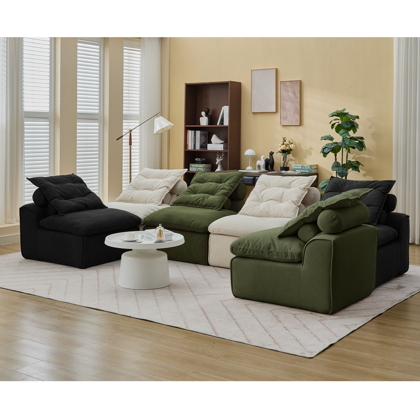 [NEW ARRIVED] [VIDEO PROVIDED]Modular Sofa,No Armrests,At will DIY,Corduroy ,Neck Pillow-Back Lounge Sofa Chair,Reading Nook, or Apartment Living, Lumbar Pillow,6 Seats,Upholstered,Beige,Green ,Black