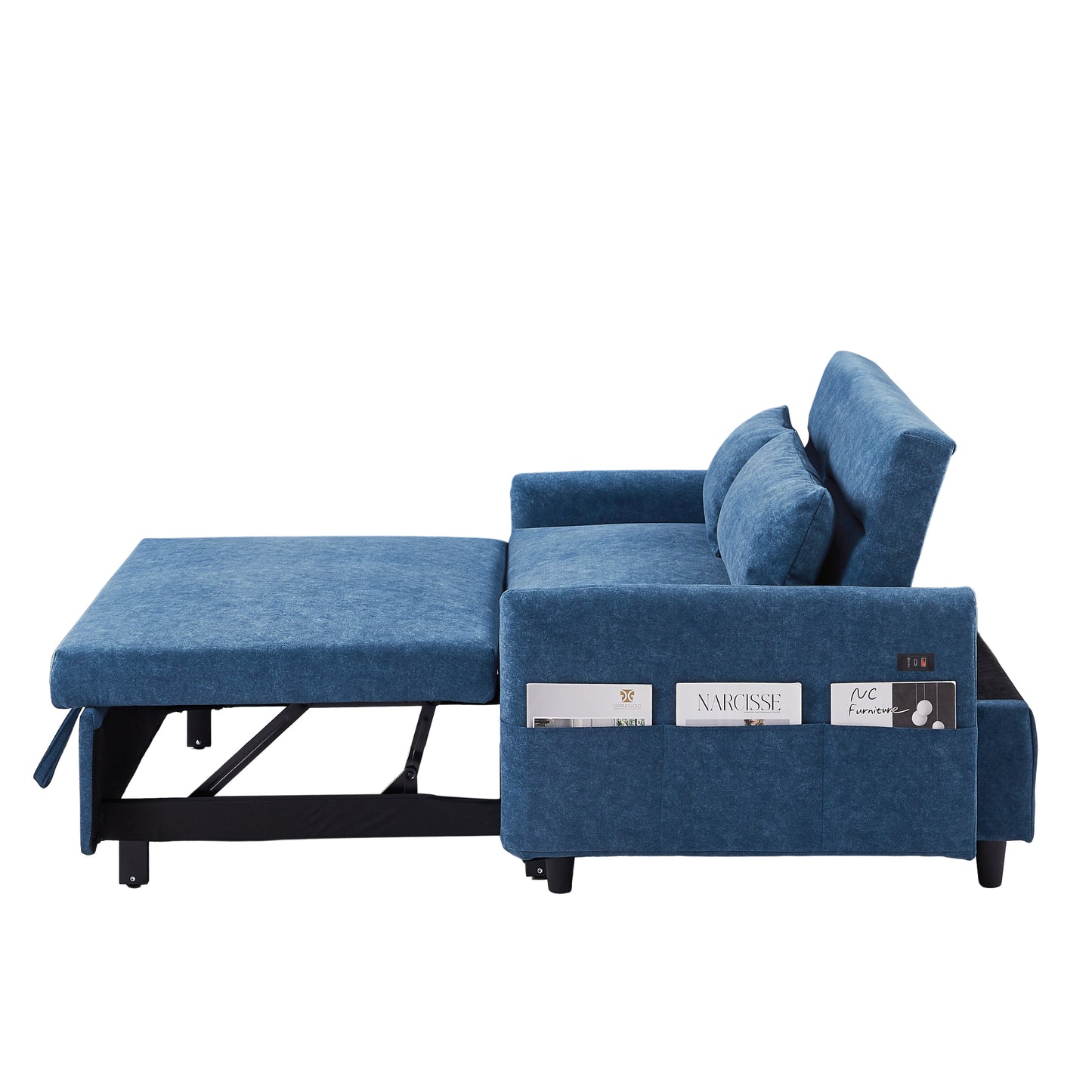 55.1" Pull Out Sleep Sofa Bed Loveseats Sofa Couch with Adjsutable Backrest, Storage Pockets, 2 Soft Pillows, USB Ports for Living Room, Bedroom, Apartment, Office, Blue (Old SKU: WF315689AAC)