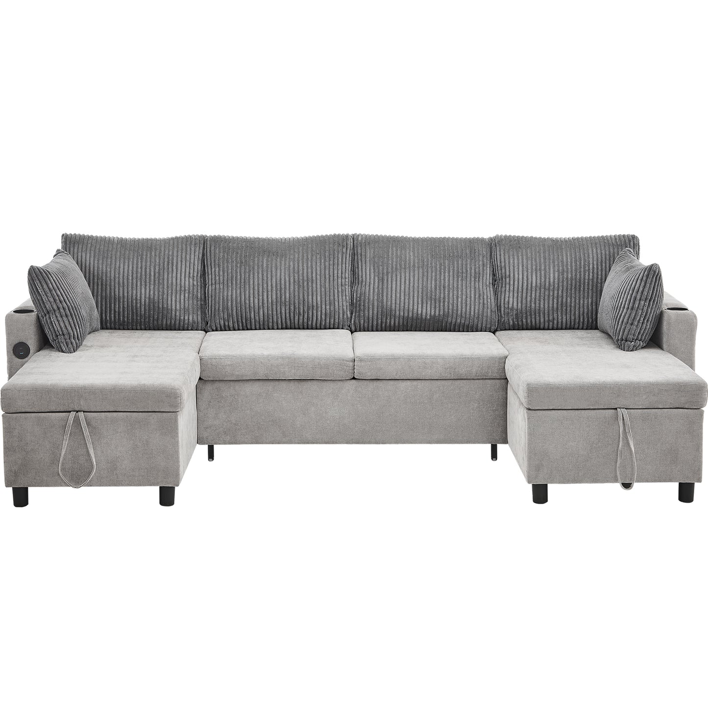 111.8" Sectional Sofa Pull-out Sofa Bed Versatile Sofa Sleeper with Large Storage Space, Two USB Ports and Two Cup Holders for Living Room, Grey