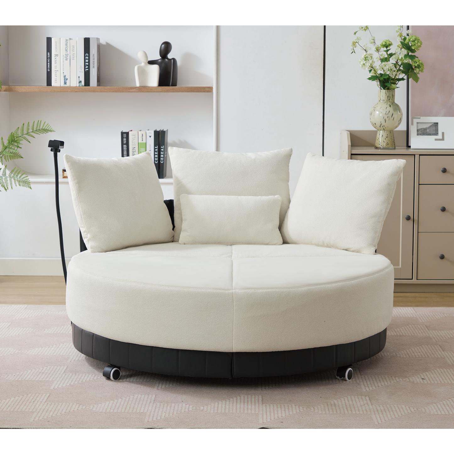 [NEW ARRIVED] [VIDEO PROVIDED]52.75'' Oversized Round Swivel  Chair,360° Swivel Chair, Couples chair,Adjustable phone stand,Swivel Chair,Rotating pulley,Polyester(Anti-Wrinkle),Beige