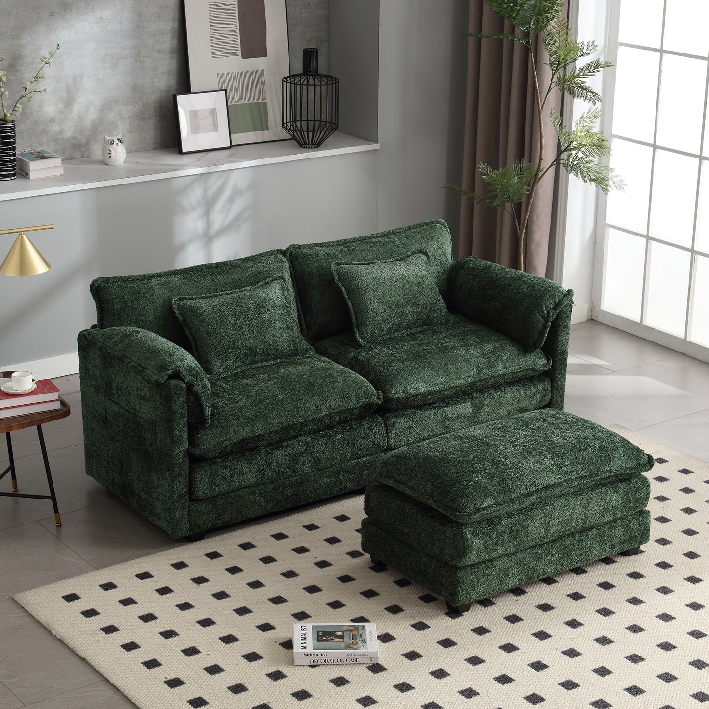 UNITED WE WIN Chenille fabric, removable armrests with side pockets, high density sponge filling, oversized double sofa with footstool