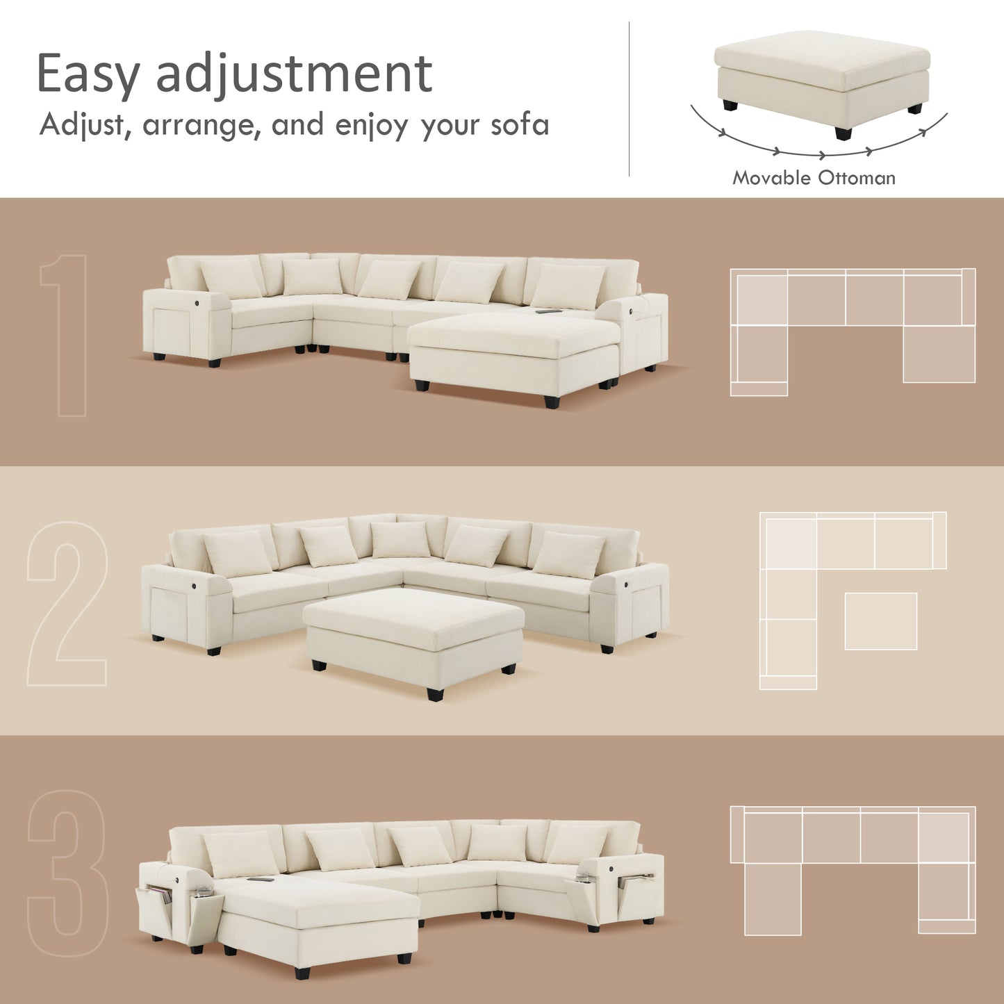 [New+Video]128*67" U Shaped Sectional Sofa,6 Seat Chenille Couch Set with Oversized Ottoman,Hidden Armrest Storage and Cup Holders,USB Charging Ports,Wide Seat Sofa for Living Room,Apartment,2 Colors