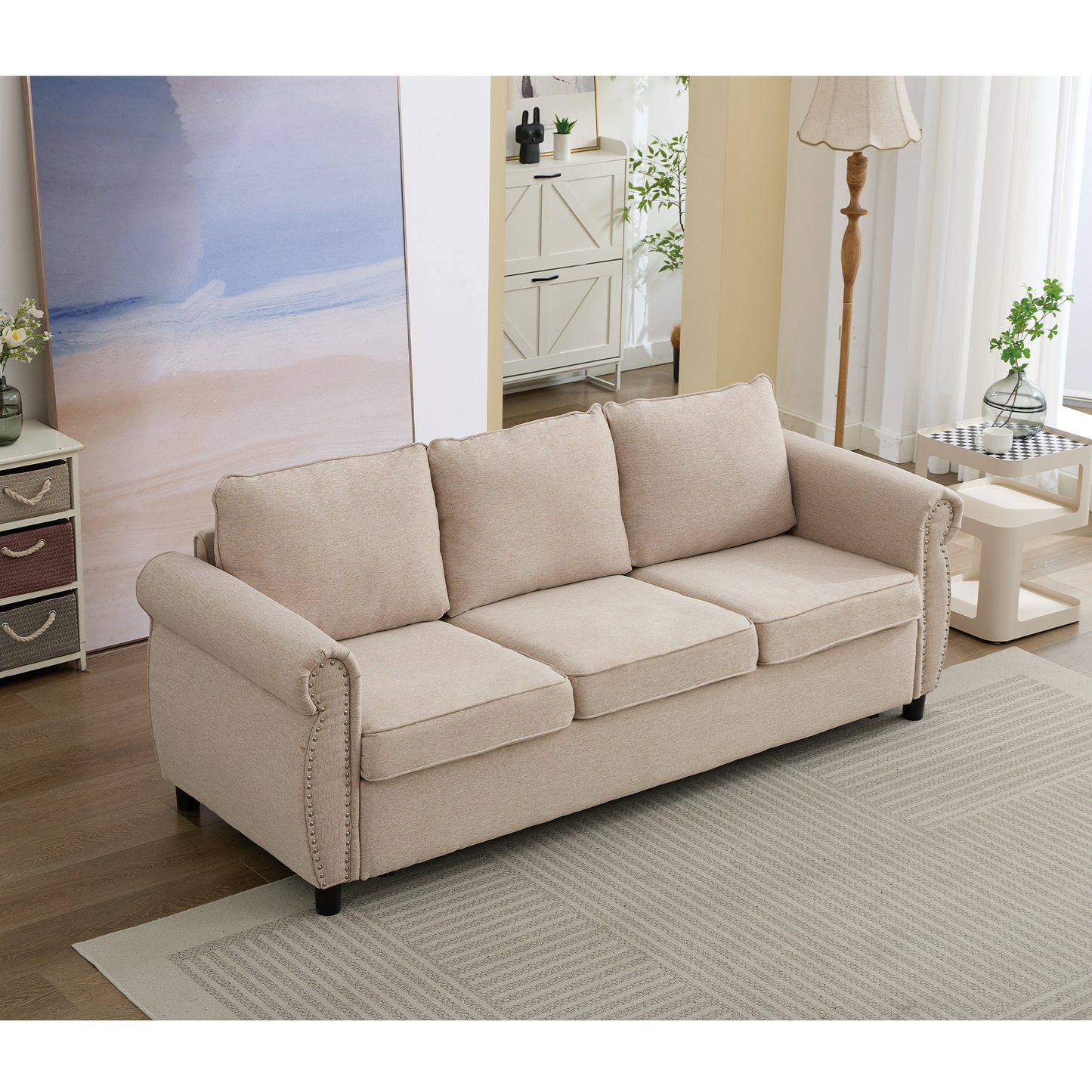 [NEW ARRIVED] [VIDEO PROVIDED] 81.5" 2-in-1 Queen  Convertible Sleeper Sofa Bed,  Pull Out Couch Bed,3 seater sofa bed,with 3.35" Memory Foam Mattress ,Rivet handrail,Living Room, Apartment,  Beige