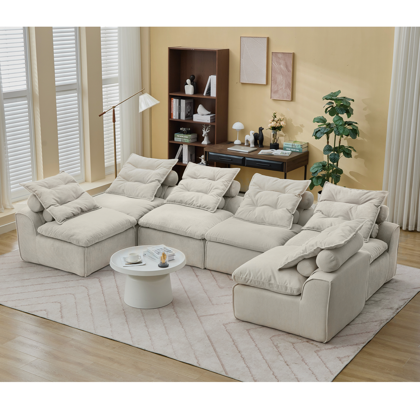 [NEW ARRIVED] [VIDEO PROVIDED]Modular Sofa,No Armrests,At will DIY,Corduroy ,Neck Pillow-Back Lounge Sofa Chair,Reading Nook, or Apartment Living, Lumbar Pillow,6 Seats,Upholstered,Beige