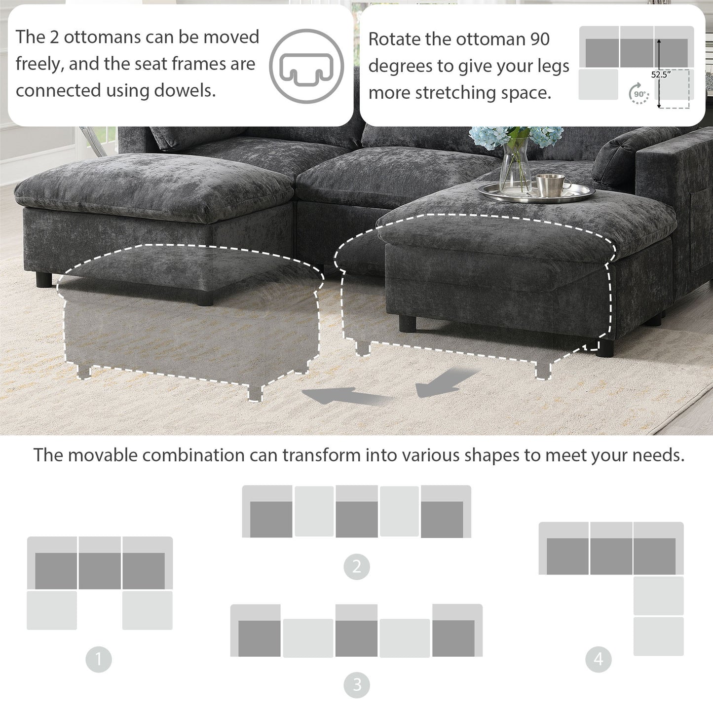 [VIDEO provided][New]86.5''Chenille Sectional Sofa with Storage Pockets, 5 Seat U Shaped Sleeper Couch Set,2 PIC Free Combination,Convertible Sofa Bed with Ottoman for Living Room,Apartment,3 Colors