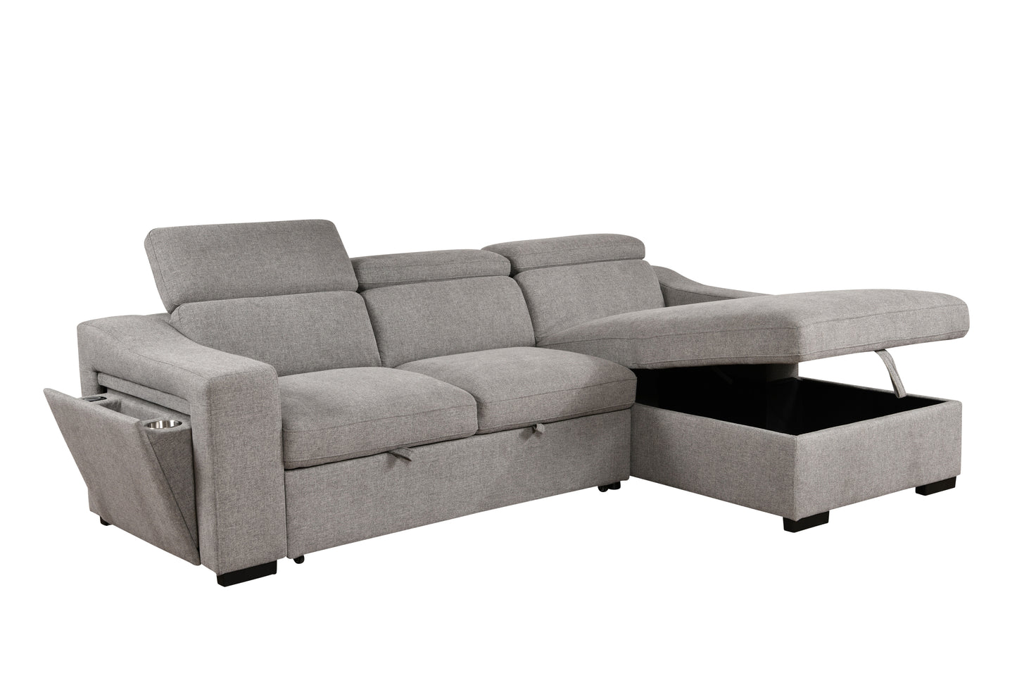 103'' inch Convertible Sectional Sofa with Storage Chaise, Adjustable Headrests, L-shaped Sleeper Corner Sectional Sofa with a Pull-Out Bed ,a USB Charging,and a Cup Holder,Light Gray