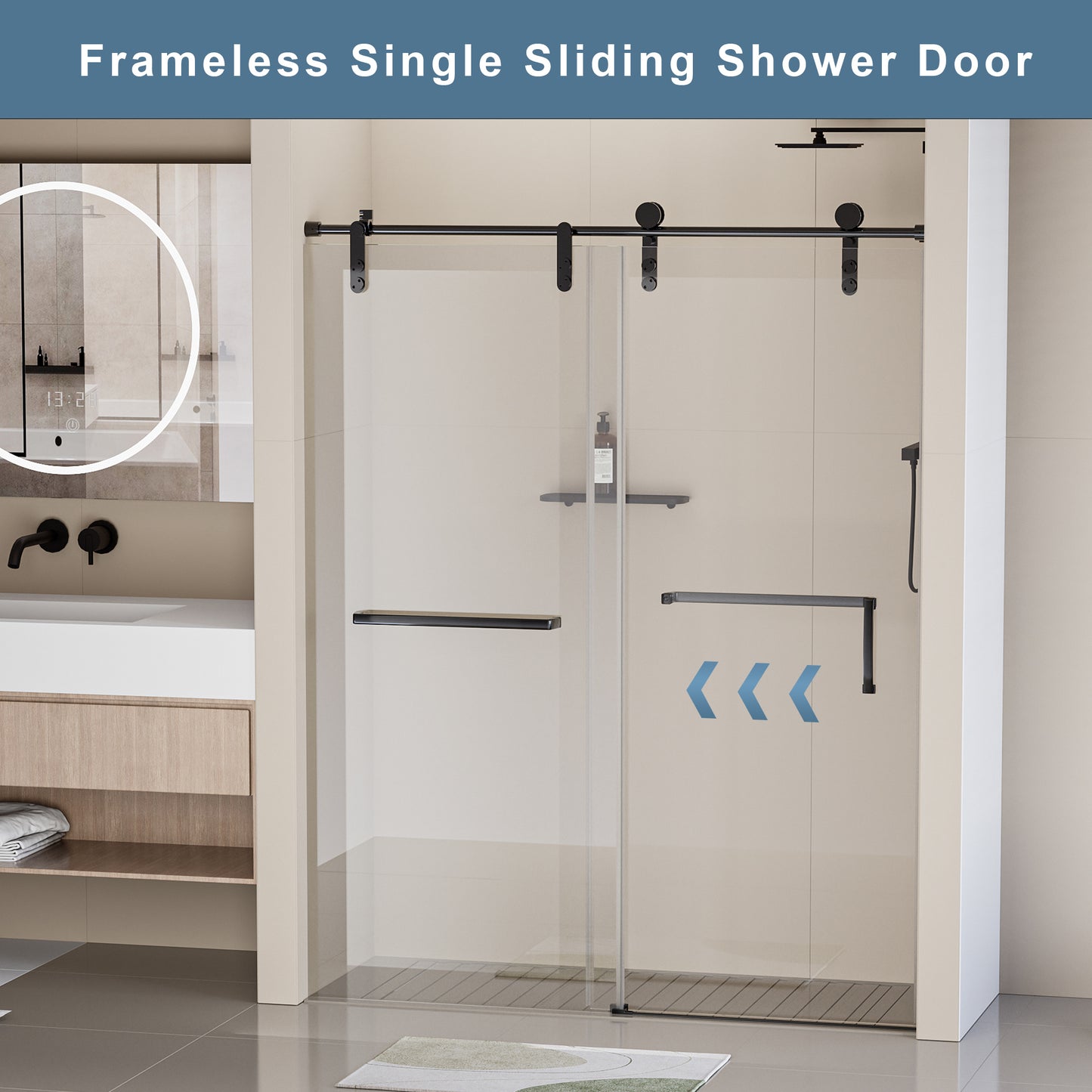 56-60 in. W x 76 in. H Frameless Shower Door, Single Sliding Shower Door, 5/16" (8mm) Clear Tempered Glass Shower Door Explosion-Proof Film, Stainless Steel Hardware, Matte Black 24D210-60MB-COMBO