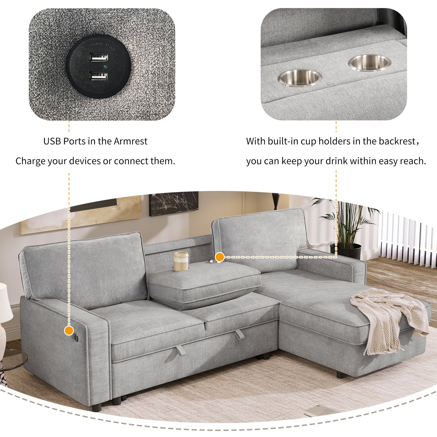 U_STYLE Upholstery Sleeper Sectional Sofa with Storage Space, USB port, 2 cup holders on Back Cushions(same sku; WY000335AAE)