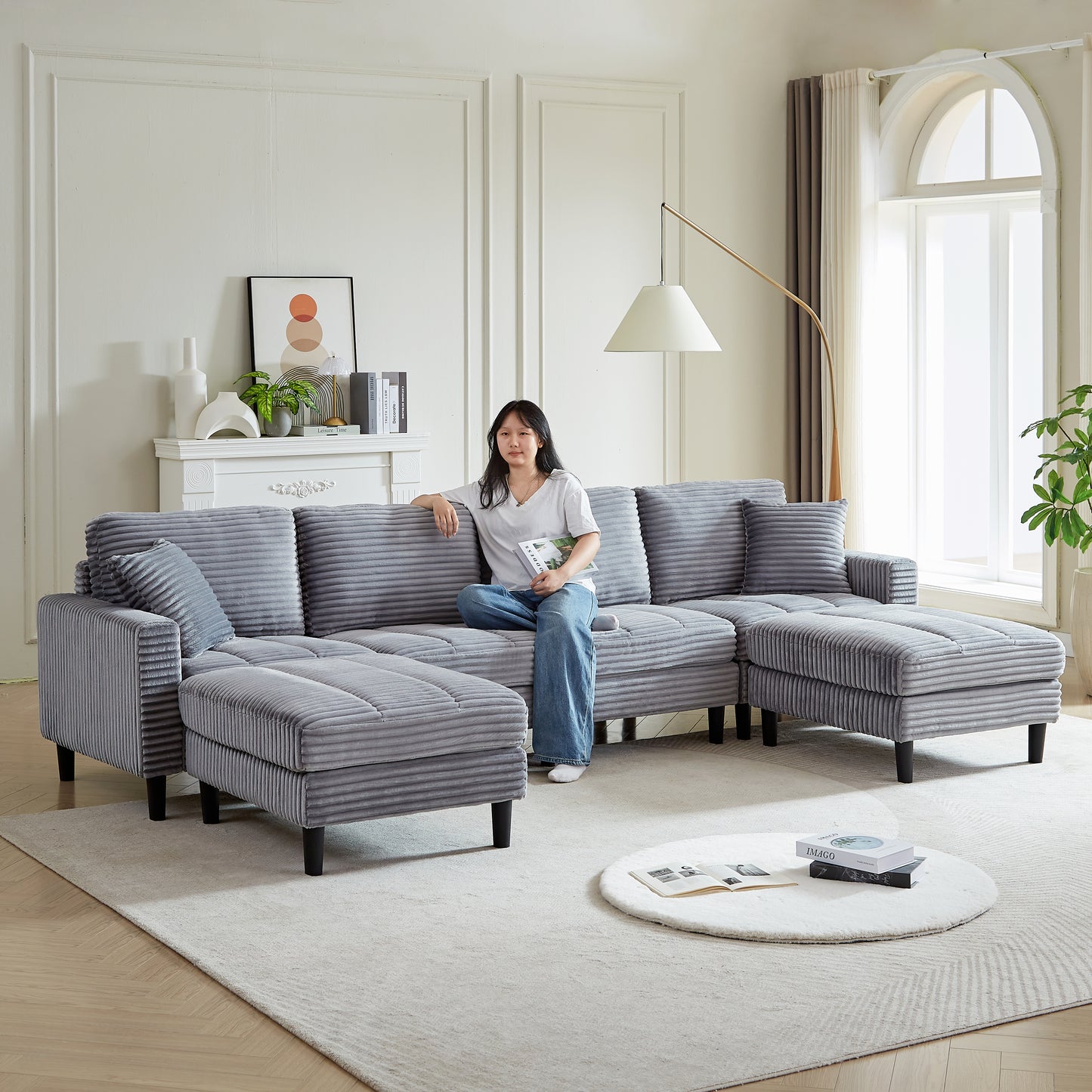 122.5-Inch Oversized U-Shaped Modular Sofa, Corduroy Fabric Sofa, Living Room Sectional Sofa with 2 Pillows, Two ottoman, plastic leg, Grey