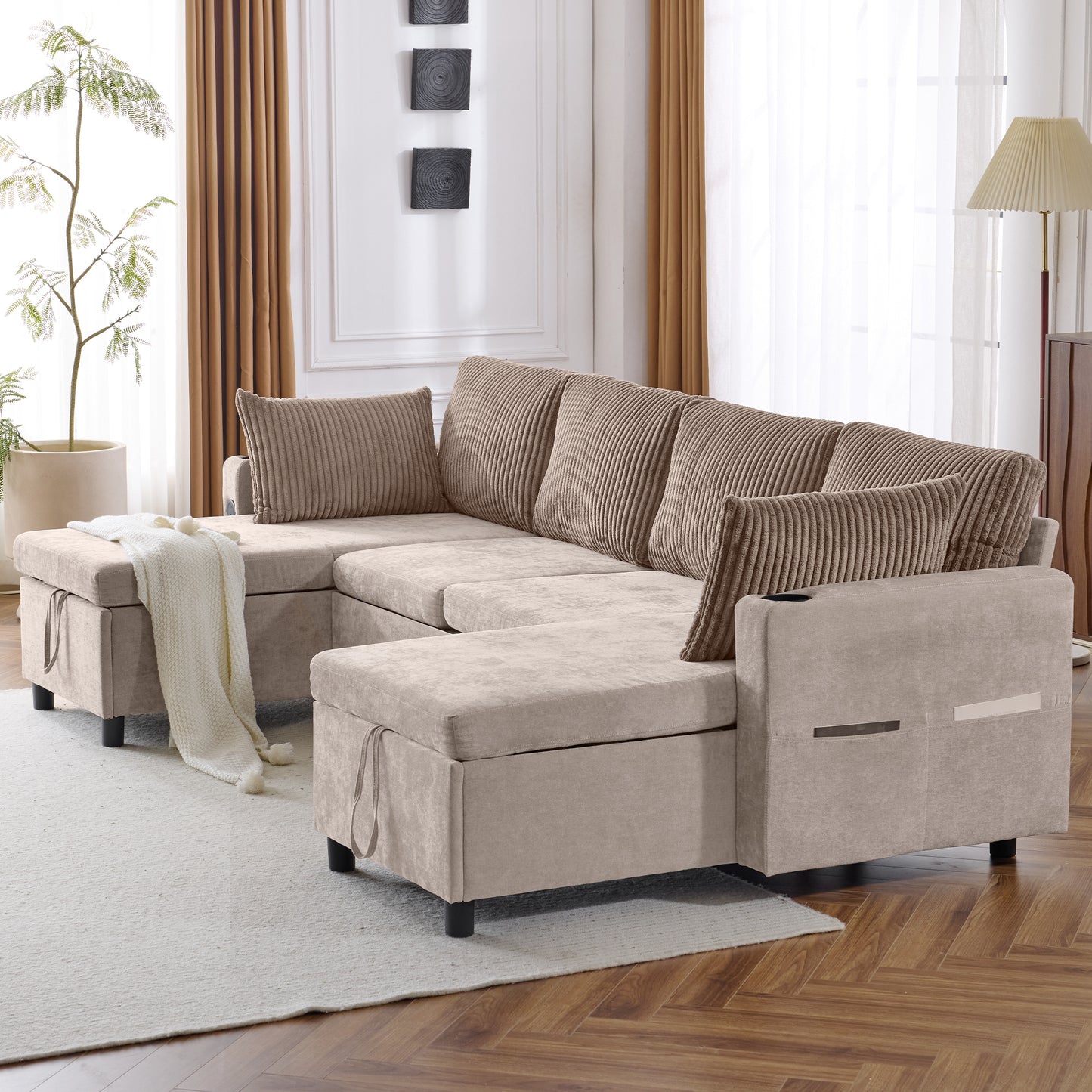 111.8" Sectional Sofa Pull-out Sofa Bed Versatile Sofa Sleeper with Large Storage Space, Two USB Ports and Two Cup Holders for Living Room, Brown