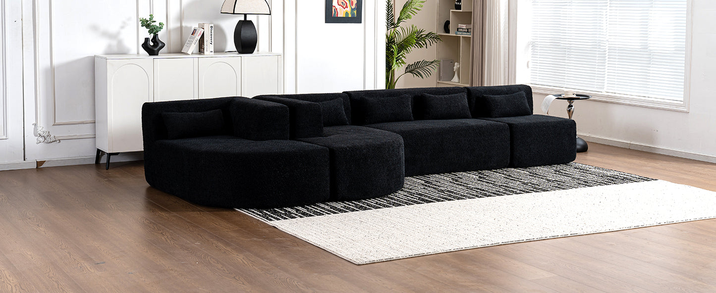 143.7" Upholstered Sofa Free-combined Sofa Couch with Two Chaise Lounge and Five Back Pillows for Living Room, Black