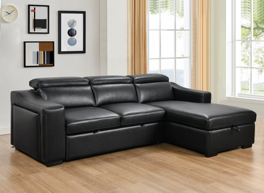 103'' inch Convertible Sectional Sofa with Storage Chaise, Adjustable Headrests, L-shaped Sleeper Corner Sectional Sofa with a Pull-Out Bed ,a USB Charging,and a Cup Holder,Light Black