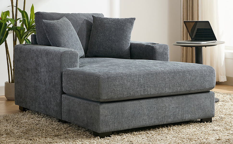 43.5" Oversized Chaise Lounger Modern Style Sofa Couch ,with Pillows, Charge Station & Cup Holders, Chenille Fabric, Blue Gray