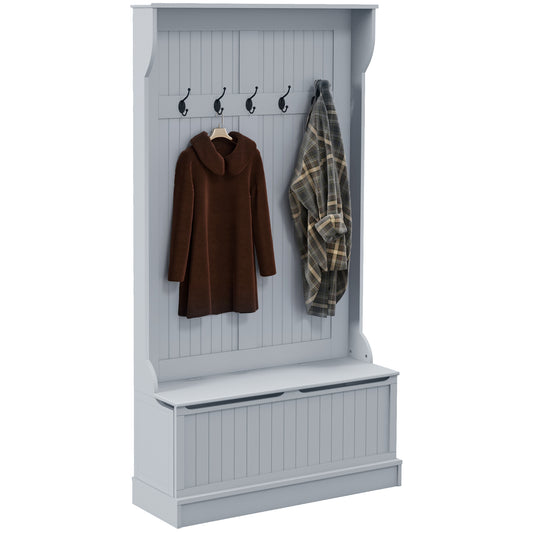 HOMCOM 38" 3-In-1 Entryway Hall Tree with Storage Bench, Coat Rack with Four Hooks and Shoe Storage, Gray