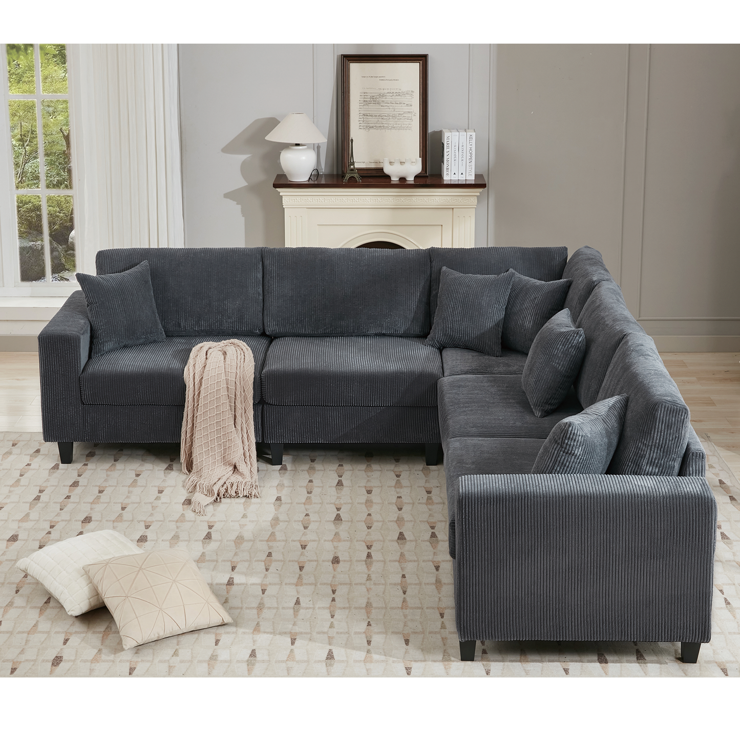 [NEW PACKAGING UPGRADE]Oversized Modular Sectional Sofa Set, L Shaped Couch,Corduroy ,Upholstered,Deep Seat,,5 Seat,5 Throw pillow and 6 back cushion,Living Room, Apartment , Gray