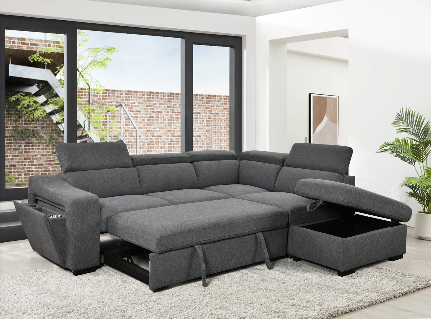 105"L-Shape Sectional Sofa with Pull-Out Bed and Ottoman Storage Space, Convertible Sleeper Couch, Arm with 1 Cup Holders and Wirelessly Charged, for Living Room, Apartment, Dark Gray