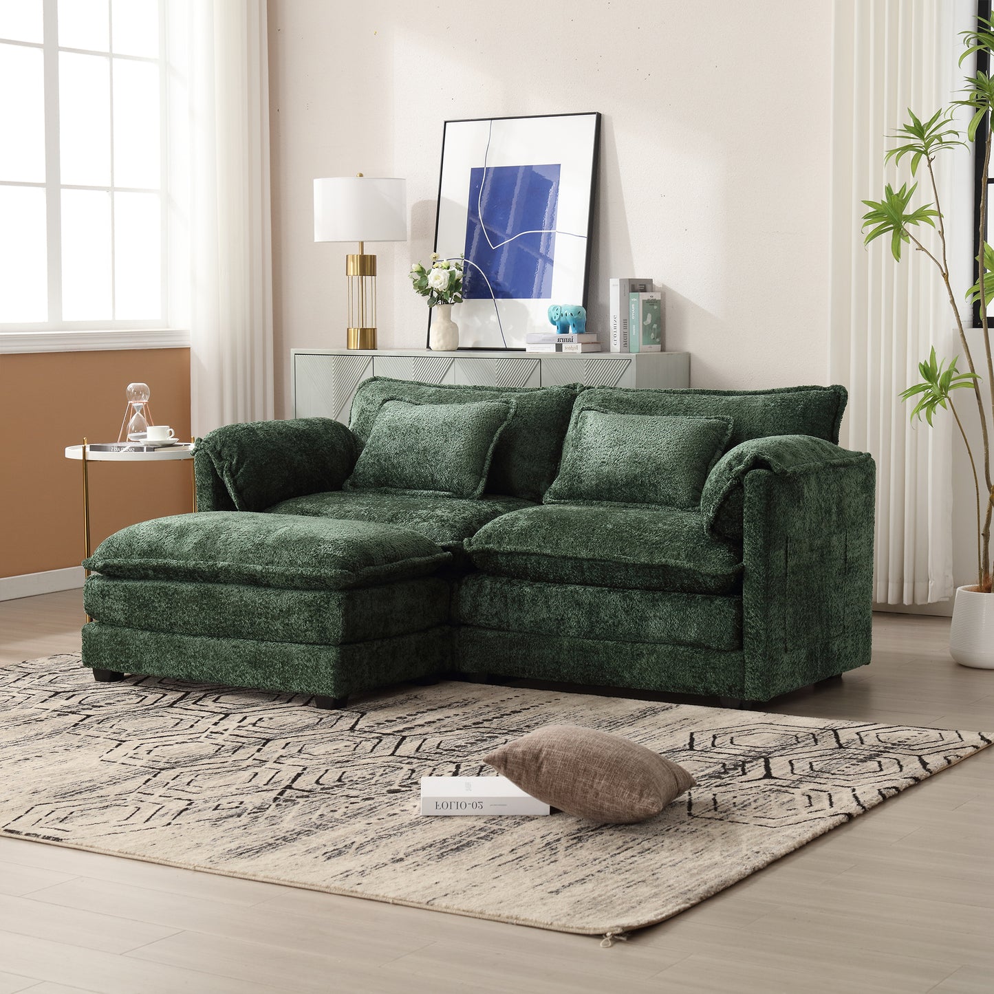 UNITED WE WIN Chenille fabric, removable armrests with side pockets, high density sponge filling, oversized double sofa with footstool