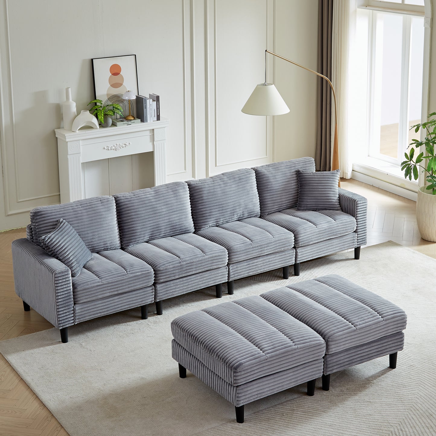 122.5-Inch Oversized U-Shaped Modular Sofa, Corduroy Fabric Sofa, Living Room Sectional Sofa with 2 Pillows, Two ottoman, plastic leg, Grey