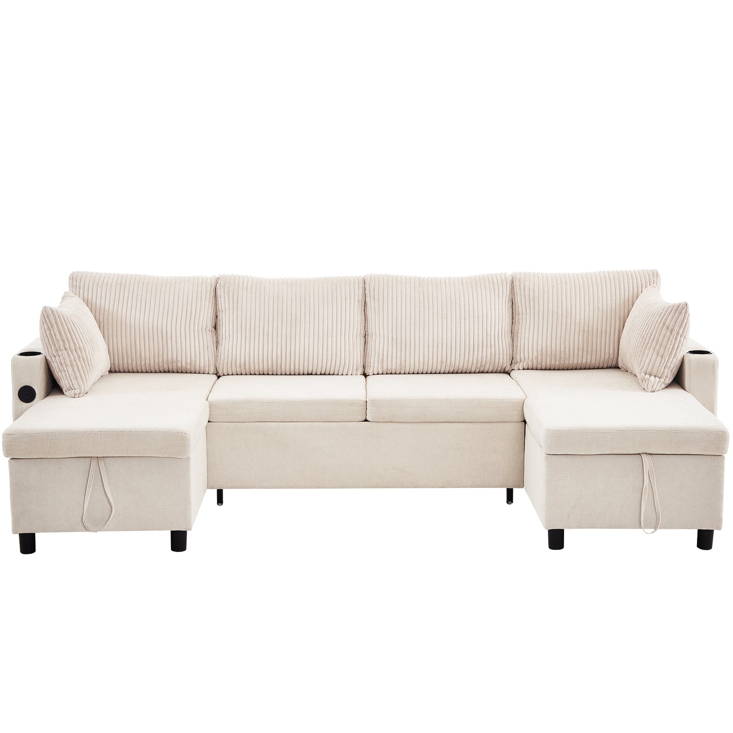 111.8" Sectional Sofa Pull-out Sofa Bed Versatile Sofa Sleeper with Large Storage Space, Two USB Ports and Two Cup Holders for Living Room, Beige